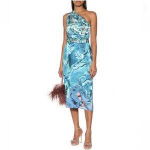 PETER PILOTTO Silk One Sleeve Dress US2 UK 6 Blue Belt And Slit Midi